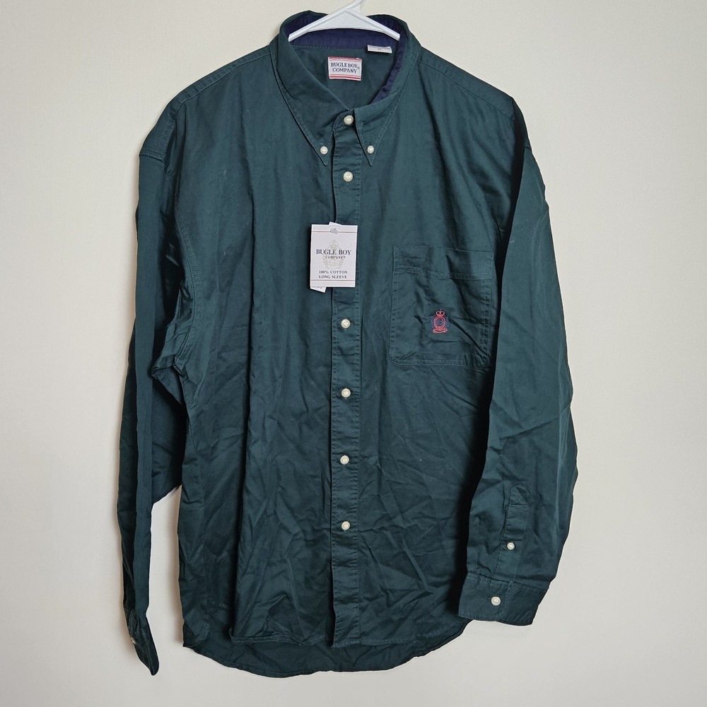 Bugle Boy Mens XL Green Button Down Shirt Long Sleeve 100% Cotton Vintage‎